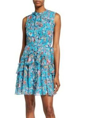 Saloni Tilly Ruffle Silk Mini Dress US 0 Turquoise Floral Belted NWT